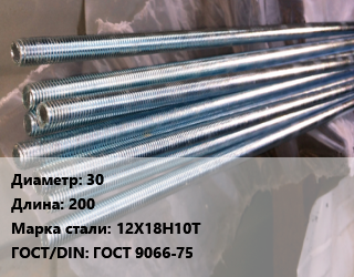 Шпилька стальная 30 L=200 Сталь: 12Х18Н10Т ГОСТ: ГОСТ 9066-75, шпилька, шт цена от 554.85 ₼ / шт, где купить, условия доставки в Баку и Бакинская области